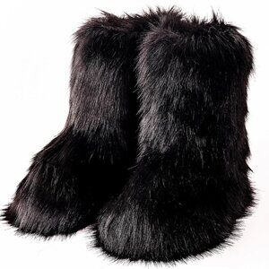 New Winter Furry Snow Boots for Women - Black, Size 6 Wide